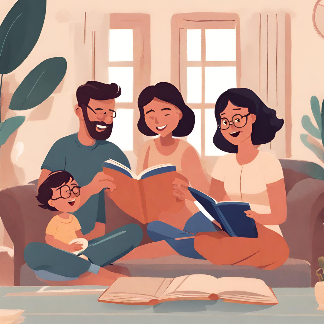 Parents reading bedtime stories for their kids.