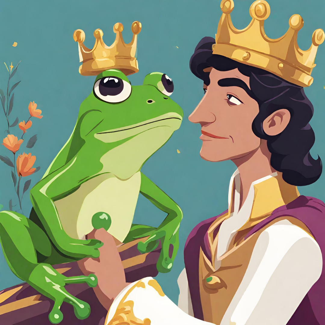 The picture shows a prince and a frog